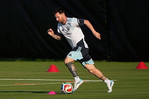 Argentina forward Lionel Messi works out during practice for the FIFA World Cup soccer Wednesday, June 3, 2026, in Kansas City,