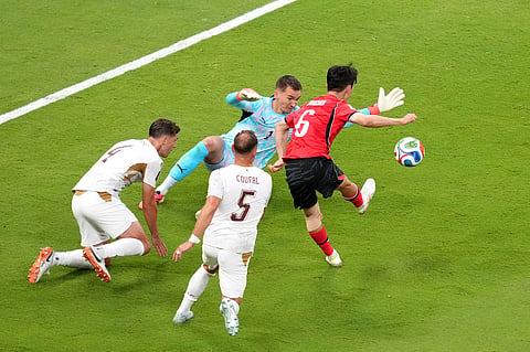 South Korea's Hwang In-beom, right, shoots and scores a goal against Czechia in Guadalajara, Mexico, Thursday, June 11, 2026.