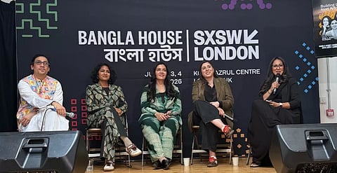 Fahd Sattar, founder and CEO of Aloki and co-founder of Art Dhaka; Jaya Asokan, Fair Director of India Art Fair; Meneesha Kellay, Senior Curator at V&A East, Nour Aslam, founder and Executive Director of the Art South Asia Project and Nahar Khan, founder of Solis, speak at SXSW London’s Bangla House event in London.