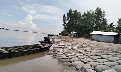 Sandbags placed on a shore line in Kurigram to mitigate river erosion. 