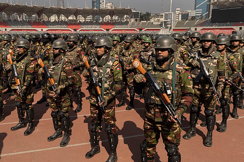 Members of the armed forces congregating at the national stadium just ahead of the 2026 national elections held in February. 