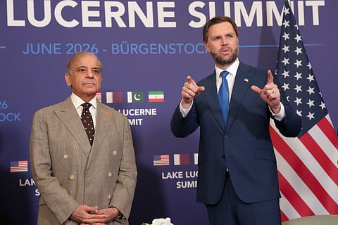 U.S. Vice President JD Vance, right, meets with Pakistan's Prime Minister Shehbaz Sharif, during high-level talks aimed at advancing a deal to end the Middle East conflict, at the Bürgenstock Resort in Obbuergen, near Lucerne, in Switzerland, Sunday, June 21, 2026. 