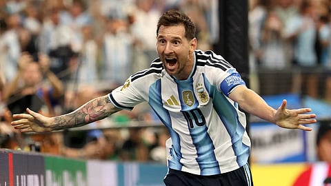 Lionel Messi celebrates a goal against Austria. 