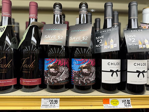 A variety of pinot noir wines, from left, Josh Cellars Reserve, Juggernaut, and Chloe, are displayed at a grocery store in Concord, NH on 8 June 2026.