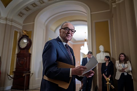 Senate Minority Leader Chuck Schumer, D-N.Y., speaks to reporters at the Capitol in Washington, Tuesday, 23 June 2026.