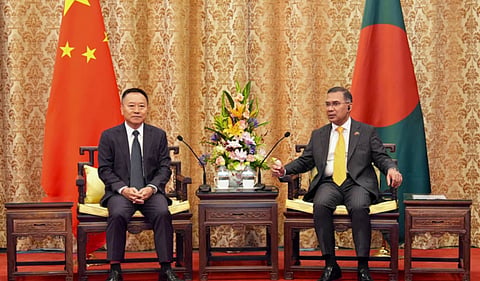Prime Minister Tarique Rahman and Chinese Minister of Water Resources Li Guoying at the State Guest House Diaoyutai in Beijing on June 25, 2026.