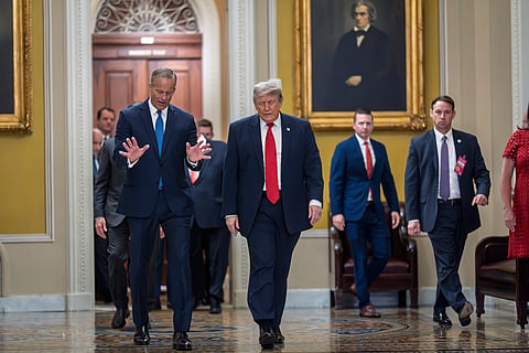 President Donald Trump, escorted by Senate Majority Leader John Thune, R-S.D., heads to a meeting with Senate Republicans at the Capitol in Washington, 24 June 2026.