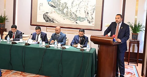 Prime Minister's Office (PMO) Spokesperson Mahdi Amin speaking at a press conference following talks between Chinese President Xi Jinping and Prime Minister Tarique Rahman at the Great Hall of the People in Beijing on Friday morning,