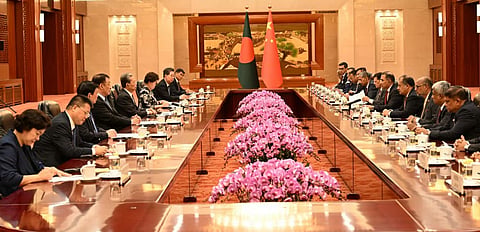 Prime Minister Tarique Rahman at a meeting on Friday (26 June 2026) at the Great Hall of the People in Beijing.