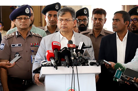 Home Minister Salahuddin Ahmed speaks to reporters after a discussion and award ceremony organised by the Department of Narcotics Control to mark the International Day Against Drug Abuse and Illicit Trafficking  at the Osmani Memorial Auditorium in Dhaka on Friday.
