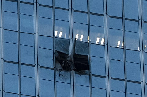 The surface of the Citic Tower also known as Zun Tower is damaged in Beijing, 26 June 2026. 