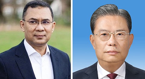 Collage of Prime Minister Tarique Rahman and Zhao Leji, Chairman of the Standing Committee of the NPC of China.