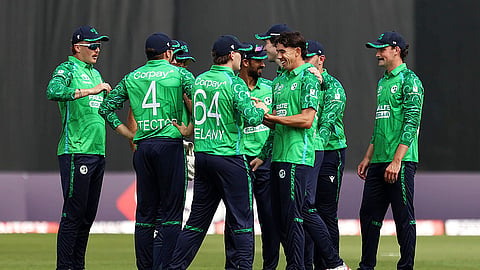 Ireland players celebrate the fall of a wicket during the first T20I against India in Belfast on Friday.