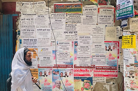 A wall lined with "To Let" advertisements on Ulon Road in West Rampura, Dhaka, on Saturday. Many seek "family only" tenants; none offers accommodation for single women or single mothers.