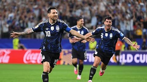 Argentina's Lionel Messi celebrates scoring a goal against Jordan in their FIFA World Cup Group J match in Dallas on Sunday.