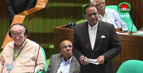 Noakhali-1 MP AM Mahbub Uddin Khokon speaks during the general discussion on the proposed national budget for FY2026-27 in the Jatiya Sangsad on Sunday.