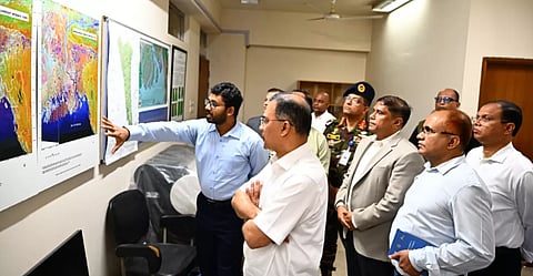 Prime Minister Tarique Rahman visits the Bangladesh Space Research and Remote Sensing Organisation (SPARRSO) headquarters in Agargaon on Sunday. 