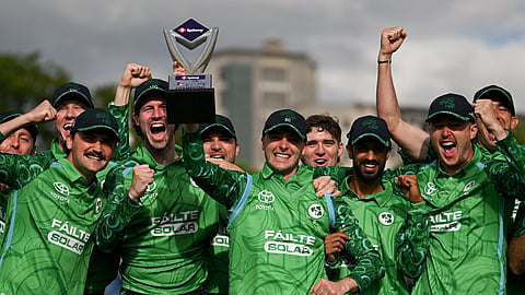 Ireland players celebrate with the trophy after sealing a 2-0 T20I series win over India on Sunday. 