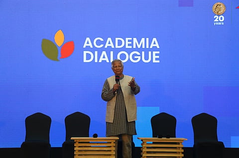 Prof Yunus speaks at the Telecom Building in Mirpur for Academia Dialogue 2026, a flagship session of Social Business Day, on June 29, 2026