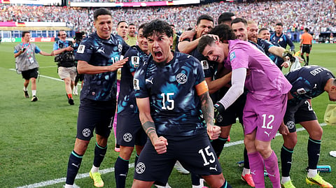 Paraguay players celebrate after knocking out Germany from the Round of 32 in the FIFA World Cup 2026 in Boston on Tuesday.