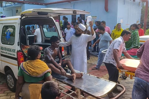 A victim of a fire at a petrochemical plant is brought to a hospital for treatment in Purba Medinipur district, about 130 kilometers (80 miles) southwest of Kolkata, the capital of India's West Bengal state, 30 June 2026. 