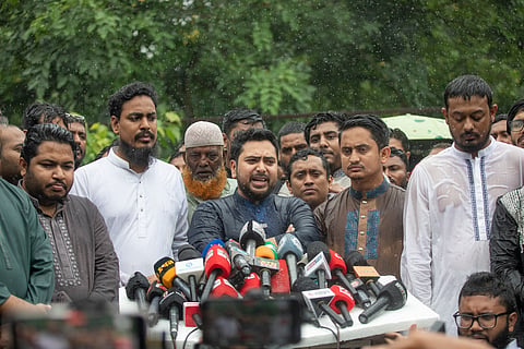 Nahid Islam speaks after offering prayers at Rayerbazar graveyard on Wednesday.