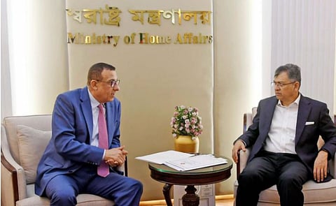 Palestinian Ambassador to Bangladesh Yousef S. Y. Ramadan meets Home Minister Salahuddin Ahmed at his office in the Ministry of Home Affairs on Thursday. 