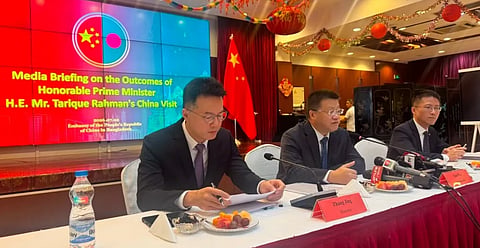 Chinese Ambassador to Bangladesh Yao Wen on Thursday attends a media briefing at the Embassy of China.
