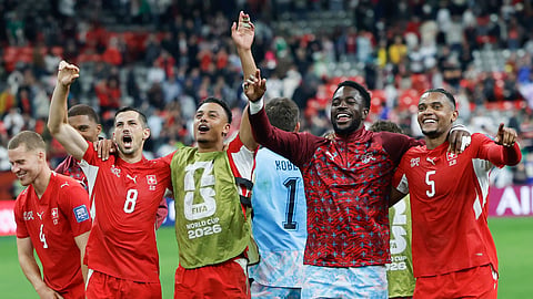 Switzerland players acknowledge supporters after the World Cup round of 32 match between Switzerland and Algeria in Vancouver on Thursday