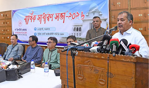 Information and Broadcasting Minister Zahir Uddin Swapon speaks as the chief guest at the Annual General Meeting-2026 and Silver Jubilee celebration of the Law Reporters Forum (LRF) at the Supreme Court Bar Association on Thursday.