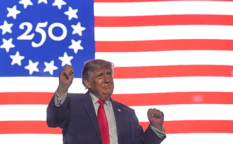 President Donald Trump wraps up his speech at the opening of the Great American State Fair, Wednesday, June 24, 2026, on the National Mall in Washington. 