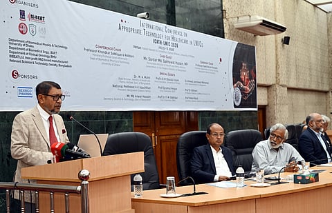 Health and Family Welfare Minister Sardar Md Sakhawat Hossain addresses the inaugural session of an international conference on appropriate healthcare technology at the University of Dhaka on Sunday.