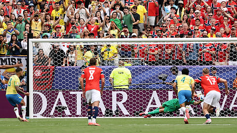 Brazil's Bruno Guimaraes (8) fails to score a penalty kick during the World Cup Round of 16 match between Brazil and Norway in New Jersey on Sunday
