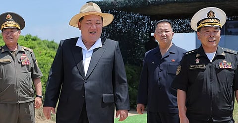 Kim Jong Un, second left, supervises tests of a destroyer, the Kang Kon’s main gun and automatic cannons at an undisclosed place in North Korea, 3 July 2026.