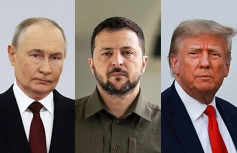 A collage of Vladimir Putin, Volodymyr Zelensky and Donald Trump.