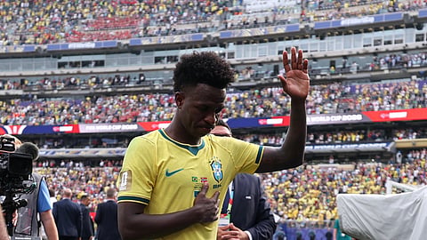 Brazil's Vinicius Junior leaves the pitch after the defeat to Norway.