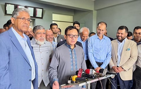 Commerce and Industry Minister Khandaker Abdul Muktadir on Monday speaks to journalists after visiting several ship recycling yards in Sitakunda.