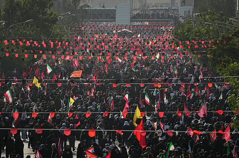 Mourners fill a boulevard as they make their way to the funeral procession of the slain Iranian Supreme Leader Ayatollah Ali Khamenei in Tehran, Iran, 6 July 2026. 