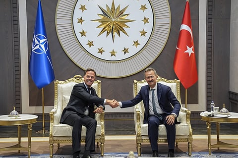 NATO Secretary General Mark Rutte, left, meets with Turkish Presidential Defense Industries Directorate Haluk Gorgun as he arrives ahead of the NATO Summit in Ankara, Turkey, 6 July 2026.