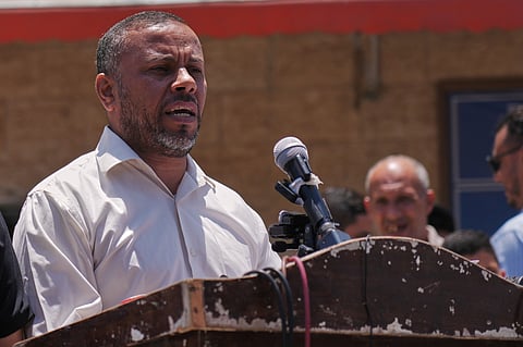 Ismail al-Thawabta, general director of the Hamas-run government media office, speaks during a press conference at Al-Aqsa Hospital in Deir al-Balah, central Gaza Strip, 6 July 2026.