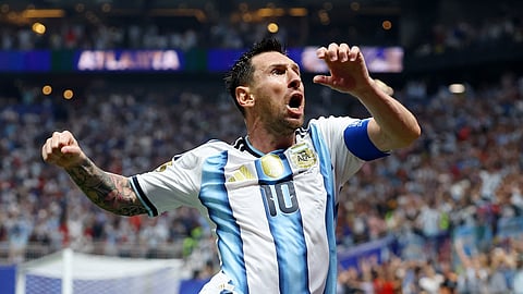 Argentina's Lionel Messi celebrates scoring their second goal