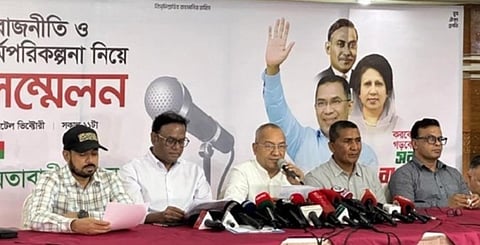 Jubo Dal President Abdul Monayem Munna speaks at a press conference at a city hotel in Nayapaltan on Wednesday.