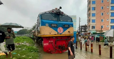A section of the Chattogram-Cox's Bazar railway line remains under water following heavy rainfall and flash floods, forcing authorities to suspend train operations.
