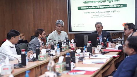 Finance and Planning Minister Amir Khasru Mahmud Chowdhury presides over a meeting at the Bangladesh Planning Commission campus on Thursday.