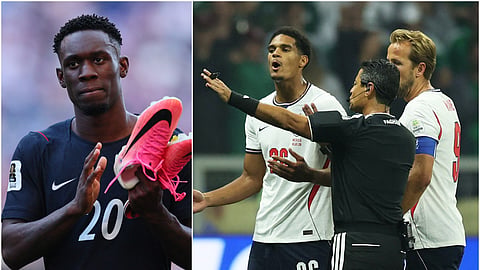 US forward Folarin Balogan (L), England's Jarell Quansah looks dejected after being sent off by referee Alireza Faghani after a VAR review in their Round of 16 match against Mexico