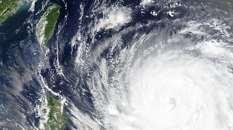 A satellite image shows Typhoon Bavi as it churns in the Pacific Ocean, July 9, 2026. 