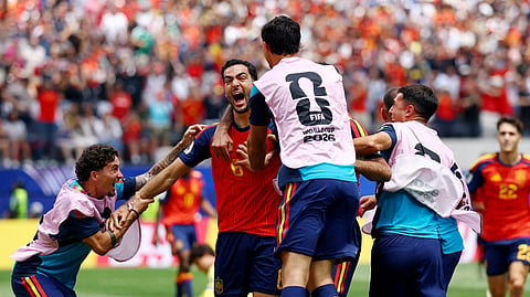 Spain's Mikel Merino celebrates scoring their second goal with teammates in their FIFA World Cup 2026 quarterfinal against Belgium in Los Angeles on Saturday.
