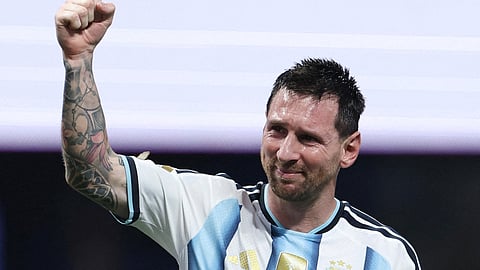 Argentina's Lionel Messi celebrates after the Egypt match as Argentina qualify for the quarterfinals of the World Cup in Atlanta on July 7.