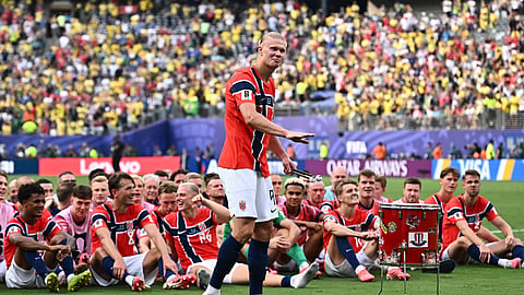 Norway's Erling Haaland with teammates celebrate after the match as Norway qualify for the quarter finals of the World Cup