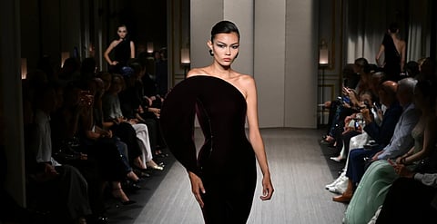 A model presents a design from the Giorgio Armani Privé Haute Couture Fall/Winter 2026–2027 women's collection during Paris Haute Couture Week in Paris on Tuesday, July 7, 2026.